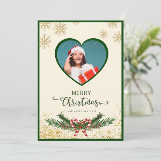 金ゴールドエレガントスノーフレークのクリスマスフォト挨拶 シーズンカード (スタンド正面)