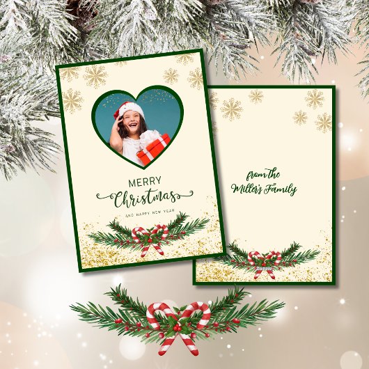 金ゴールドエレガントスノーフレークのクリスマスフォト挨拶 シーズンカード