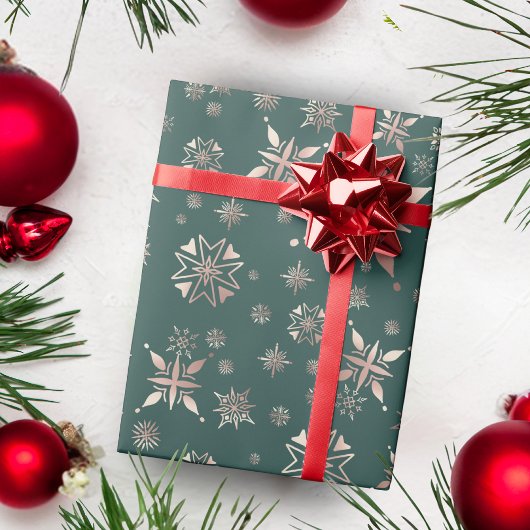 金ゴールドエレガントスノーフレークスグリーンホリデー ラッピングペーパー