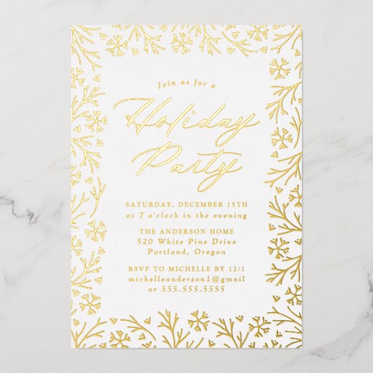 金ゴールドエレガントスノーフレークホリデーパーティー 箔招待状 (正面)