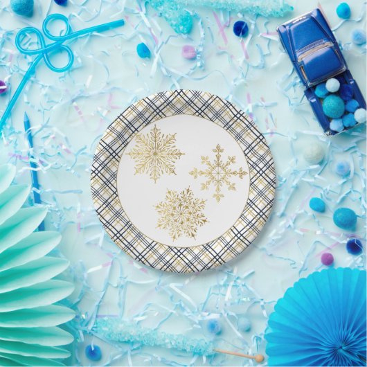 金ゴールドエレガントスノーフレーク及び格子枠紙プレート ペーパープレート (パーティー)