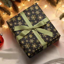 金ゴールドエレガントスノーフレーク黒背景クリスマス雪 ラッピングペーパー