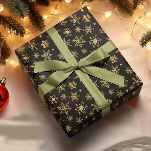 金ゴールドエレガントスノーフレーク黒背景クリスマス雪 ラッピングペーパー