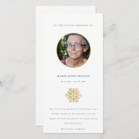 金ゴールドエレガントスノーフレーク・サークル写真追悼碑 サンキューカード (正面/裏面)