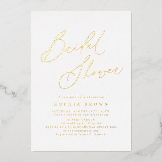 金ゴールドエレガントスモダンクリッミニマルプブライダルシャワー 箔招待状 (正面)