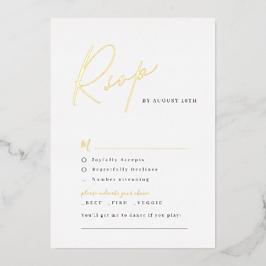 金ゴールドエレガントスモダンクリプトのミニマル結婚式RSVP 箔招待状 (正面)