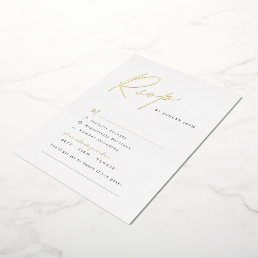 金ゴールドエレガントスモダンクリプトのミニマル結婚式RSVP 箔招待状 (回転した状態)