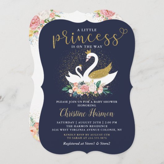 金ゴールドエレガントスワンプリンセスピンクフローラベビーシャワー 招待状 (正面/裏面)