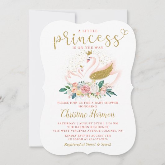 金ゴールドエレガントスワンプリンセスピンクフローラベビーシャワー 招待状 (正面)