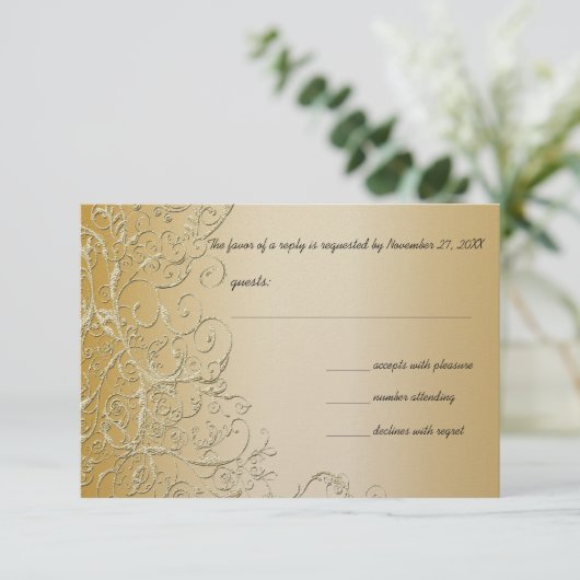 金ゴールドエレガントスワーズ結婚式RSVP応答カード 出欠カード (スタンド正面)