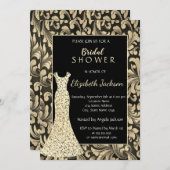 金ゴールドエレガントスワーズ、グリッタードレスブライダルシャワー 招待状 (正面/裏面)