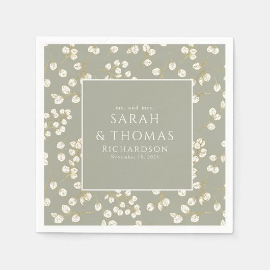 金ゴールドエレガントセージ緑のユーカリ離れス スタンダードカクテルナプキン (正面)