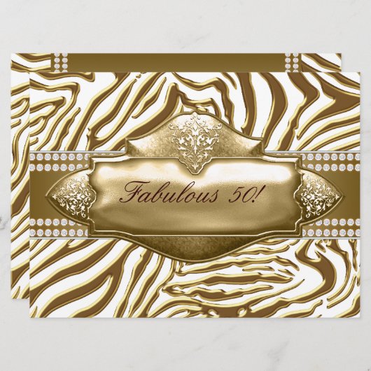 金ゴールドエレガントゼブラ50th誕生日パーティー 招待状 (正面/裏面)