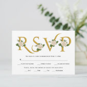 金ゴールドエレガントタイポグラフィとホワイトローズRSVPカード 出欠カード (スタンド正面)