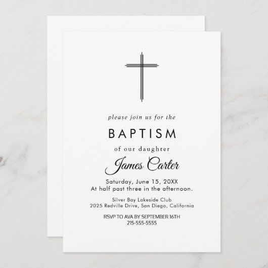 金ゴールドエレガントタイポグラフィクロスバプテスマ招待状 招待状 (正面/裏面)
