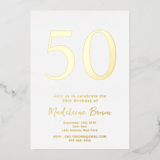 金ゴールドエレガントタイポグラフィ50誕生日 箔招待状 (正面)