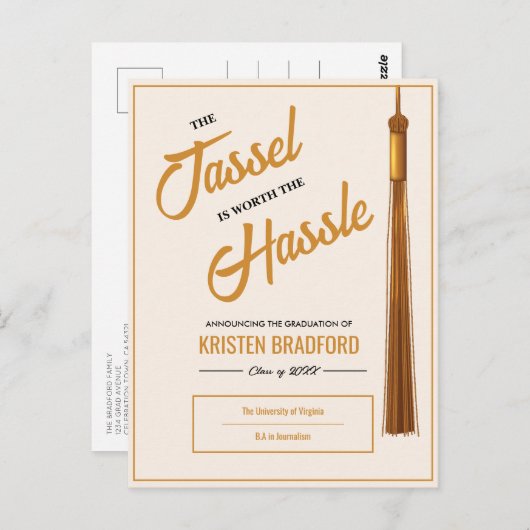 金ゴールドエレガントタッセルベージュ卒業発表 ポストカード (正面/裏面)