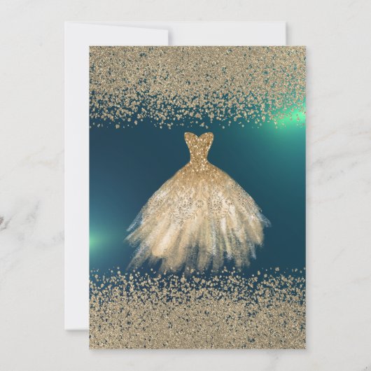 金ゴールドエレガントダイアモンズドレスグリーンブライダルシャワー 招待状 (裏面)