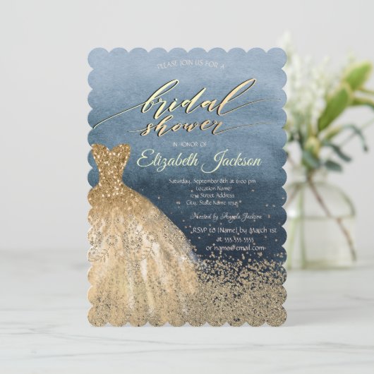 金ゴールドエレガントダイアモンズドレスブルーブライダルシャワー 招待状 (スタンド正面)