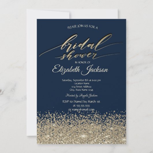 金ゴールドエレガントダイアモンズネイビーブルーブライダルシャワー 招待状 (正面)
