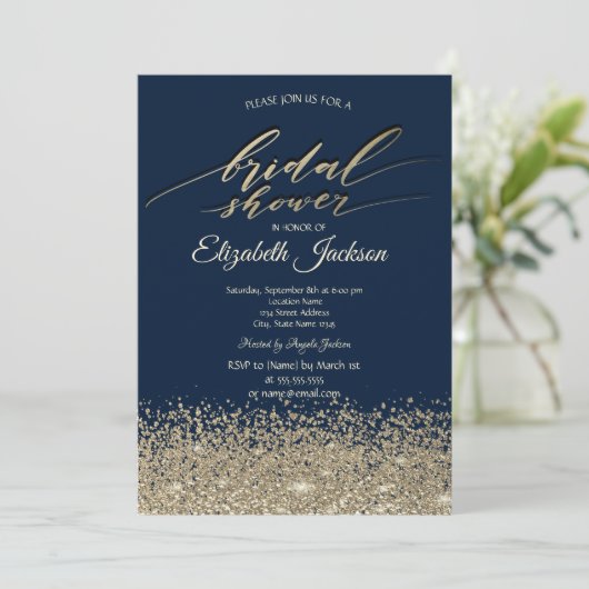 金ゴールドエレガントダイアモンズネイビーブルーブライダルシャワー 招待状 (スタンド正面)