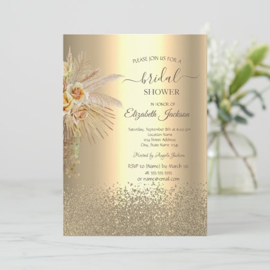 金ゴールドエレガントダイアモンズボホフラワーズブライダルシャワー 招待状 (スタンド正面)