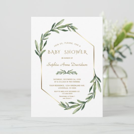 金ゴールドエレガントダイヤモンドオリーブベビーシャワー 招待状 (スタンド正面)