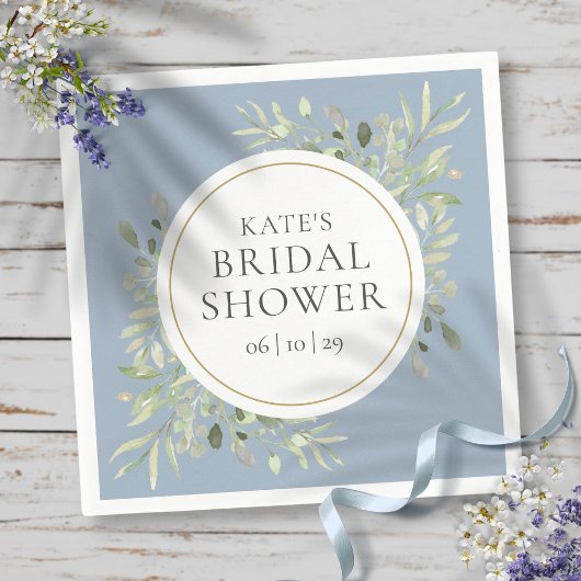 金ゴールドエレガントダスティブルーグリーナリーブライダルシャワー スタンダードカクテルナプキン