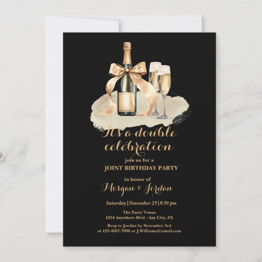 金ゴールドエレガントダブルお祝いジョイント誕生日 招待状 (正面)