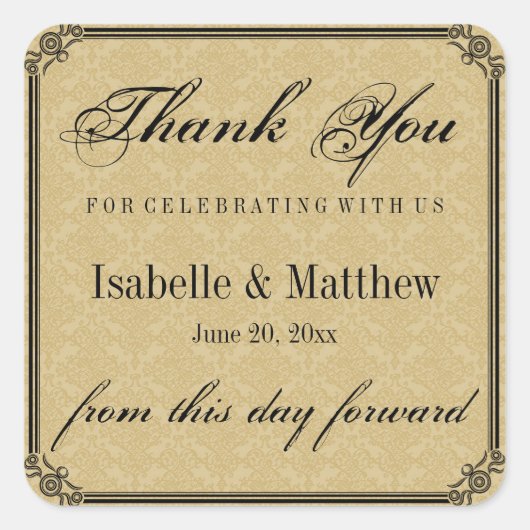 金ゴールドエレガントダマスクウェディングありがとうシール スクエアシール (正面)