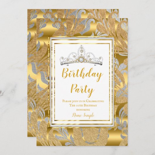 金ゴールドエレガントダマスクグレイティアラバースデーパーティー 招待状 (正面/裏面)