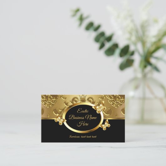 金ゴールドエレガントダマスクフローラ蝶オンブラック2 名刺 (スタンド正面)