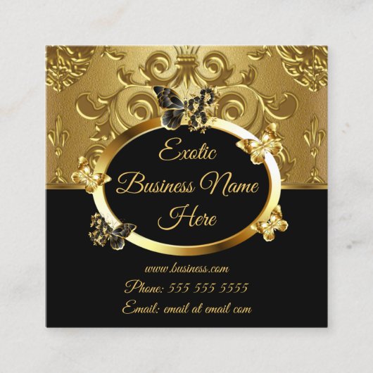 金ゴールドエレガントダマスクフローラ蝶オンブラック スクエア名刺 (正面)