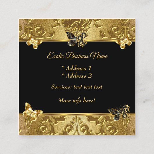 金ゴールドエレガントダマスクフローラ蝶オンブラック スクエア名刺 (裏面)
