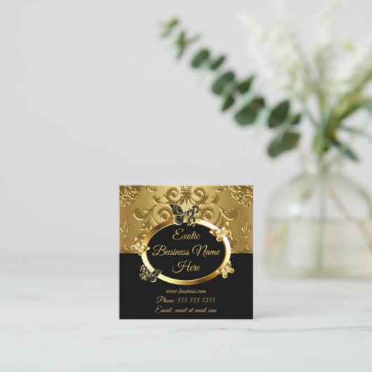 金ゴールドエレガントダマスクフローラ蝶オンブラック スクエア名刺 (スタンド正面)