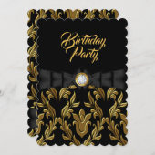 金ゴールドエレガントダマスクブラックボウバースデーパーティー 招待状 (正面/裏面)