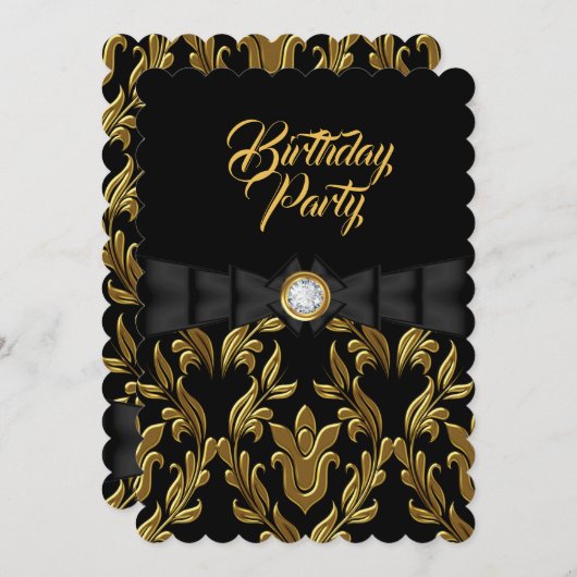 金ゴールドエレガントダマスクブラックボウバースデーパーティー 招待状 (正面/裏面)
