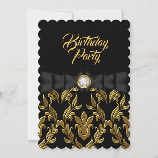 金ゴールドエレガントダマスクブラックボウバースデーパーティー 招待状 (正面)