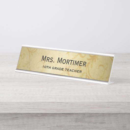 金ゴールドエレガントダマスクプロフェッショナル デスクネームプレート (正面)