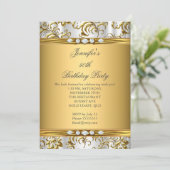 金ゴールドエレガントダマスクホワイトシルバーダイヤモンド誕生日 招待状 (スタンド正面)