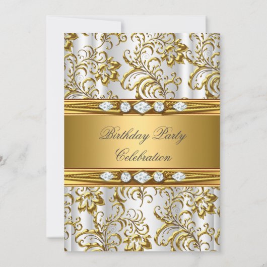 金ゴールドエレガントダマスクホワイトシルバーダイヤモンド誕生日 招待状