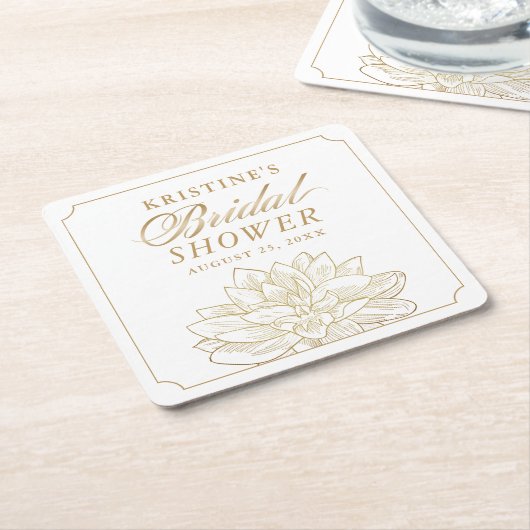 金ゴールドエレガントダリアフローラブライダルシャワー スクエアペーパーコースター (アングル)