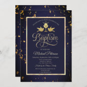 金ゴールドエレガントチャイスネイビーブルーバプテスマ 招待状 (正面/裏面)