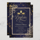 金ゴールドエレガントチャリスレースネイビーブルーバプテスマ 招待状 (正面/裏面)