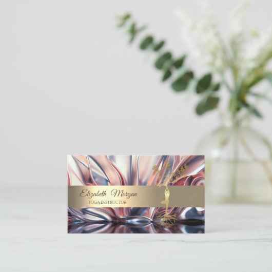 金ゴールドエレガントツリーロータスヨガ抽象芸術 名刺 (スタンド正面)