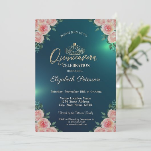 金ゴールドエレガントティアラフローラバラキンセアニラ 招待状 (スタンド正面)