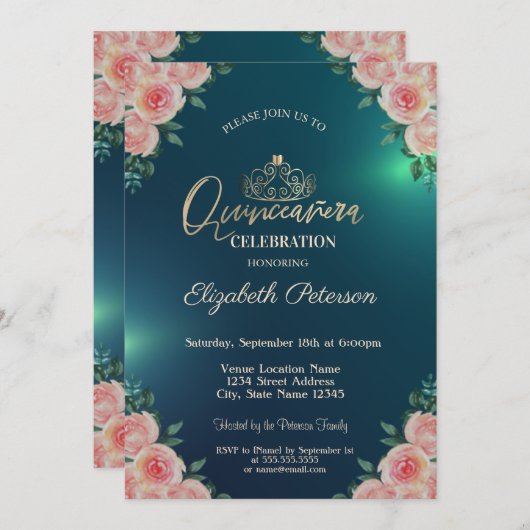 金ゴールドエレガントティアラフローラバラキンセアニラ 招待状 (正面/裏面)