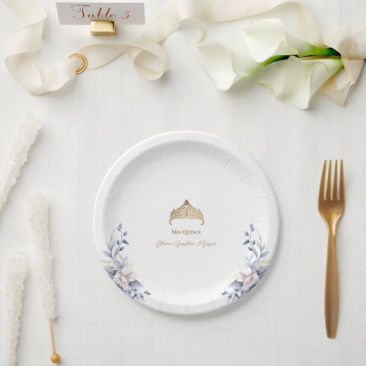 金ゴールドエレガントティアラブルーフローラキンセアニラ ペーパープレート (ウェディング)