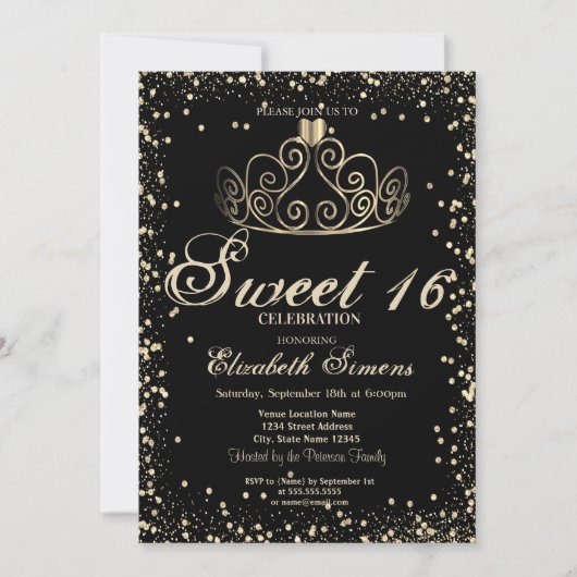 金ゴールドエレガントティアラ紙吹雪ダイアモンズスウィート16 招待状 (正面)
