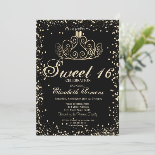 金ゴールドエレガントティアラ紙吹雪ダイアモンズスウィート16 招待状 (スタンド正面)